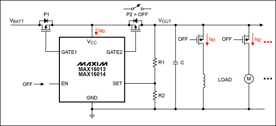 图9. MAX16013/MAX16014用作主开关控制，在ECU关闭时有助于降低静态电流损耗。