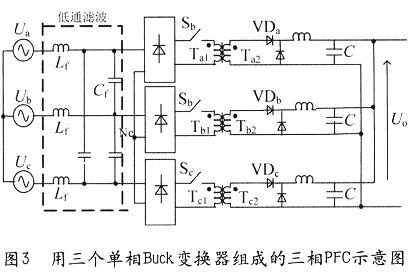 用三个单相Buck变换器组成的三相PFC示意图