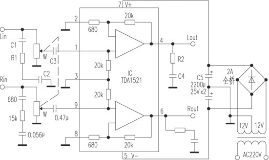简单TDA1521制作实用微型功放电路