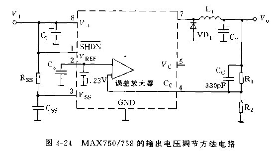 MAX750/758的输出电压调节方法电路