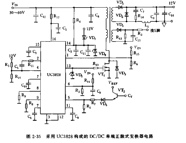 采用UC3828构成的DC/DC单端正激式变换器电路
