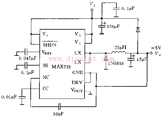利用MAX739构成的降压型稳压器电路图