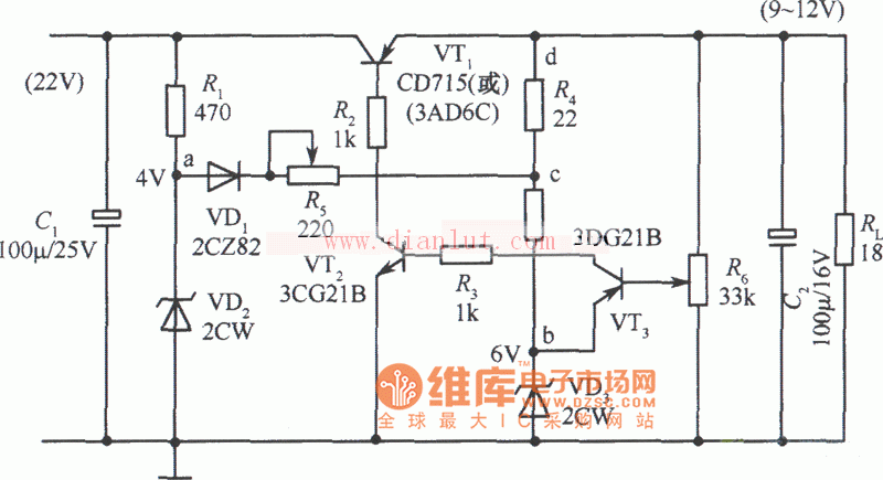 12V集电极输出稳压电源电路之一电路
