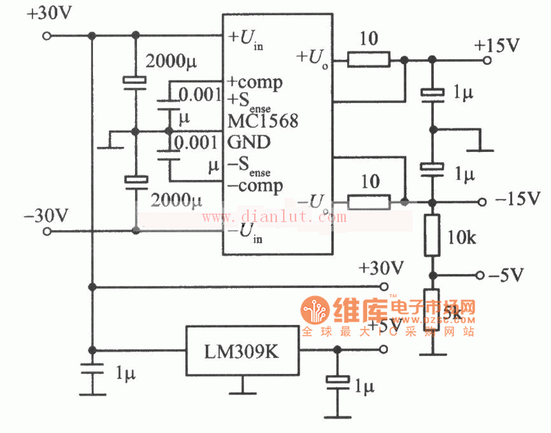 MC1568,LM309K构成的多路稳压电源电路及说明