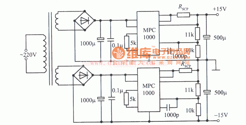 MPC1000构成的±15V、10A对称稳压电源电路及说明