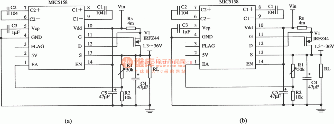 由MIC5158构成的输出电压可调的线性稳压器电路图