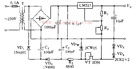 LM317组成的从0V起调稳压电源电路图