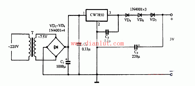 CW7805设计的3V输出稳压电源电路图