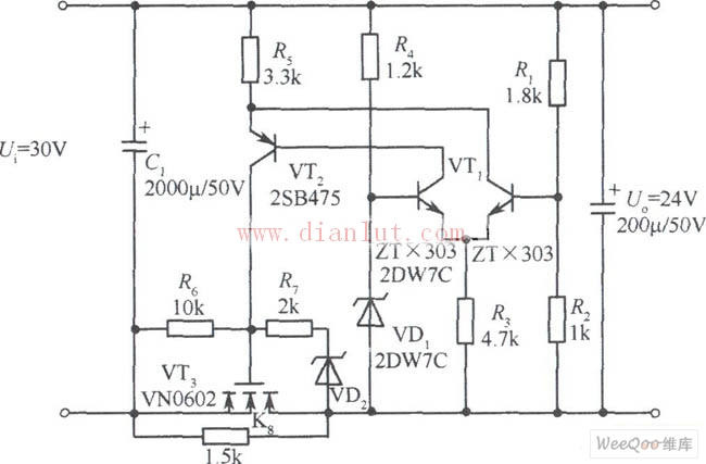 采用基本元件设计24V VMOS管稳压电源电路