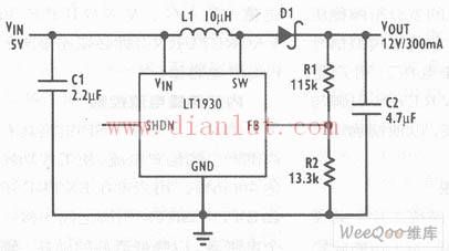 基于LT1930芯片设计微型5V转12V升压变换器电路
