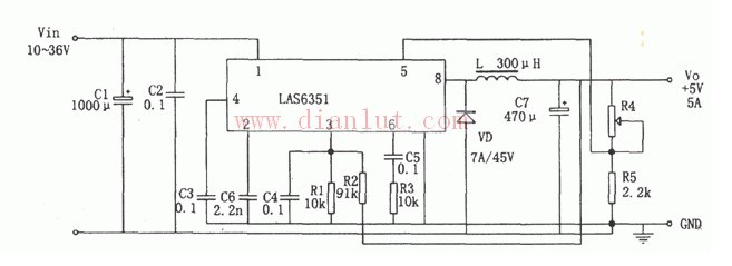 基于LAS6351的大电流高效开关稳压电源电路图