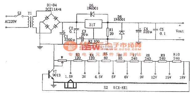 LM317构成的分挡可调直流稳压电源电路 2