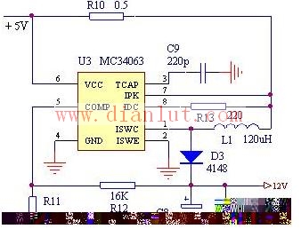 基于MC34063芯片设计5V转12V升压电路图