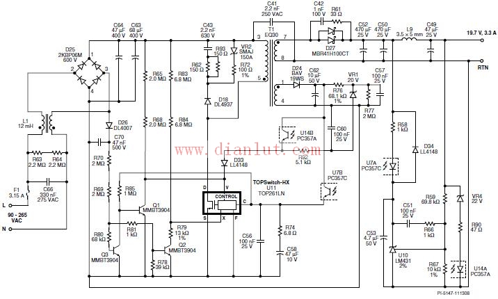65W/19.7V/3.3A,90–265 VAC输入反激式电源电路原理图