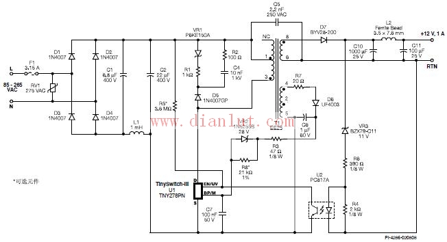 12W/12V/1A,85–265 VAC输入反激式电源电路原理图