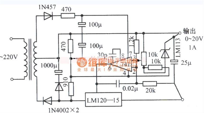 由LM120-15,齐纳二极管LM741构成的0～20V、1A可调稳压电源电路