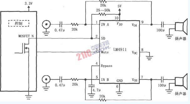 LM4911设计的不同电源导通时间的电路图