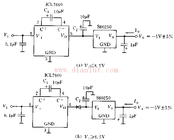 ICL7660与S80250构成极性反转电路图