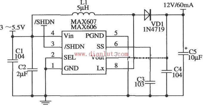 MAX606/MAX607设计的12V输出电路原理图