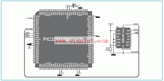 PIC32MX4多媒体板加速度计和MCU连接电路图