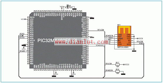 PIC32MX4多媒体板MRF24J40MA ZigBee模块和MCU连接电路图