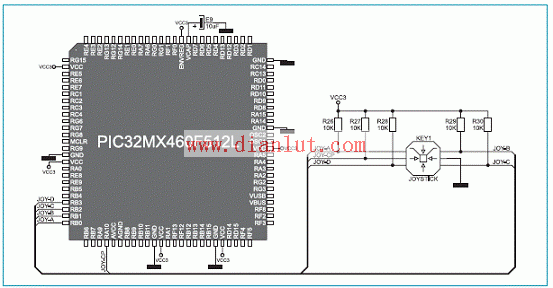PIC32MX4多媒体板控制杆和MCU连接电路图
