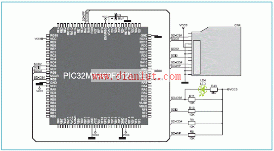 PIC32MX4多媒体板MMC/SD连接器和MCU连接电路图