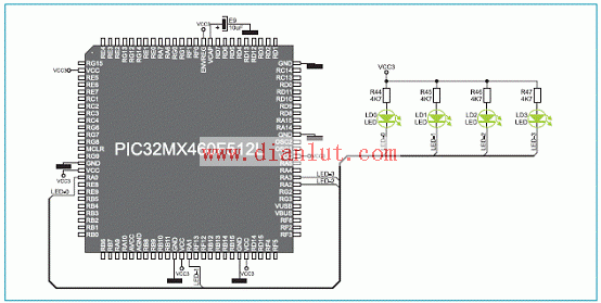 PIC32MX4多媒体板串行LED和MCU连接电路图