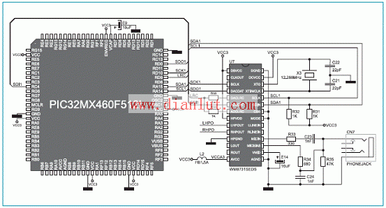 PIC32MX4多媒体板WM8731SEDS电路和MCU连接电路图
