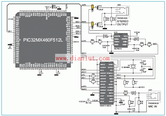 PIC32MX4多媒体板MCP6022电路和MCU连接电路图