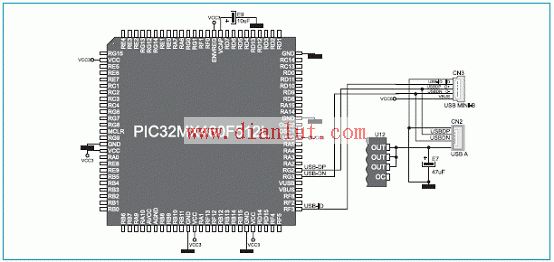 PIC32MX4多媒体板USB连接器和MCU连接电路图