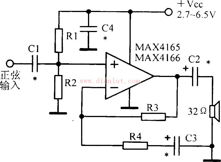 MAX4165/MAX4166设计的低功耗高输出驱动输入输出运算放大电路