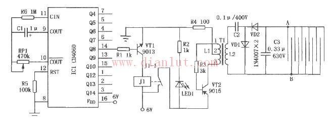 CD4060设计的间歇式蟑螂杀灭器电路