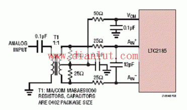 LTC2185采用变压器5MHz-700MHz模拟输入电路图