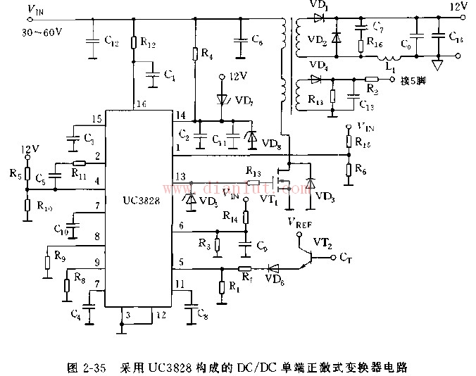 基于UC3828的DC/DC单端激式变换器电路图
