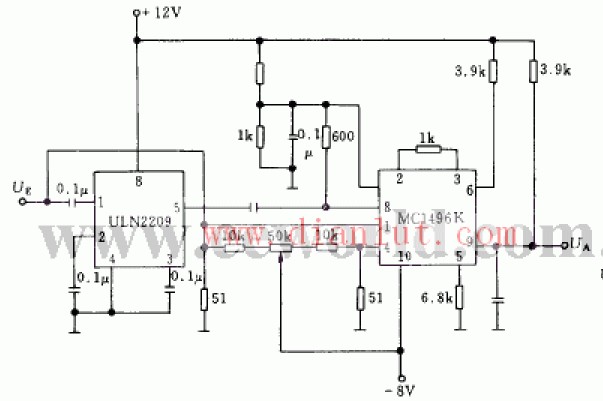 ULN2209和MC1496K幅值调制解调检波器电路原理图
