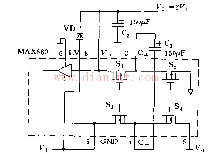 简易MAX660系列的构成倍压变换器电路图