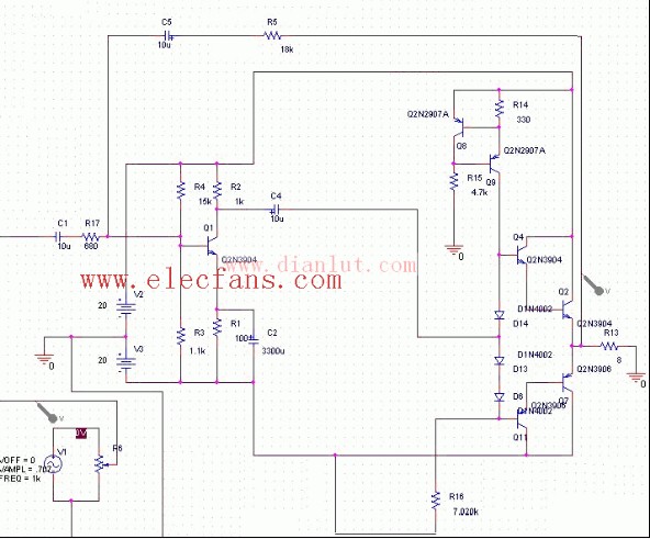 15W甲类分立元件功率放大器电路原理图