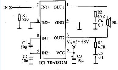 基于TDA2822M的小功率有源音箱电路