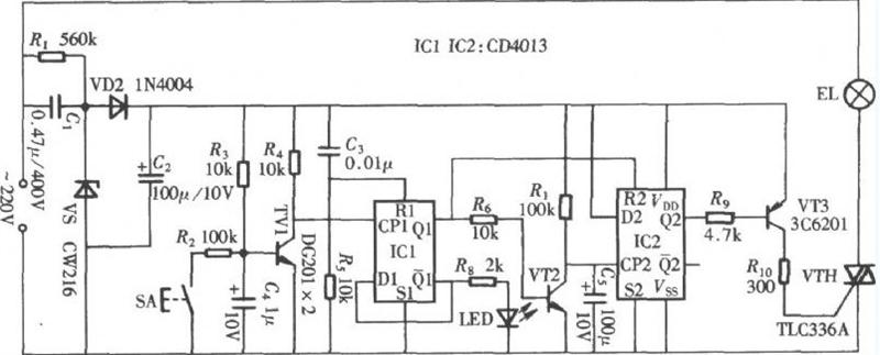 基于CD4013组成的轻触式延时开关电路图