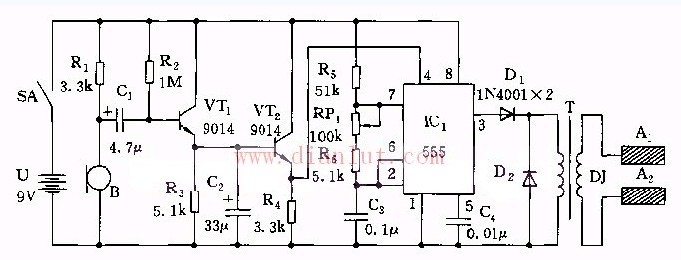 555构成的打鼾抑制器电路图原理