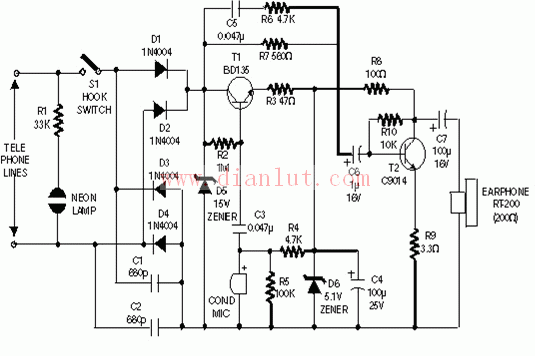 耳机式二管接收电话机电路