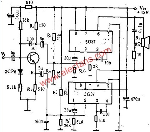 5G37音频功率放大电路接成BTL放大电路图