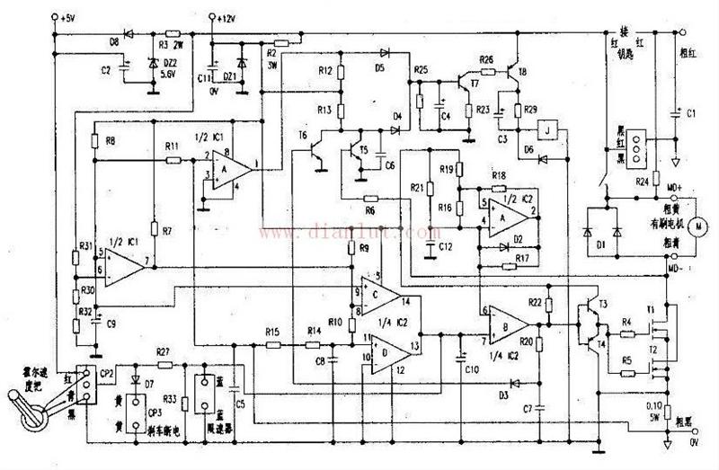 多个运放器等元件组成的电动车有刷电机控制器电路